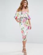 Asos Floral Ruffle Bardot Off Shoulder Midi Dress - Multi