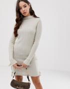 Asos Design Ribbed High Neck Mini Dress With Tie Detail - Beige