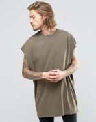 Asos Super Oversized Sleeveless T-shirt With Dropped Armhole And Raw Edge In Green - Camo Khaki