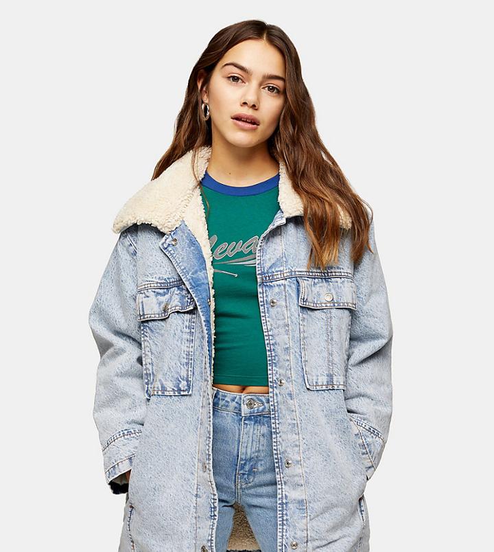 Topshop Petite Borg Collar Longline Denim Jacket In Blue Acid Wash-black