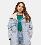 Topshop Petite Borg Collar Longline Denim Jacket In Blue Acid Wash-black