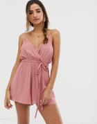 Asos Design Wrap Tie Front Strappy Romper In Crinkle-beige