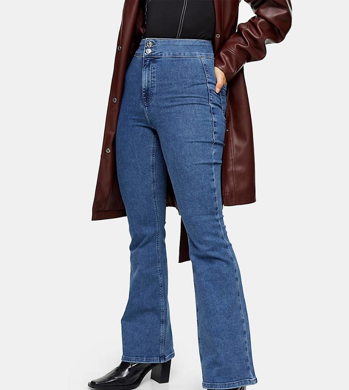 Topshop Petite Mid Blue Flared Joni Jeans-blues