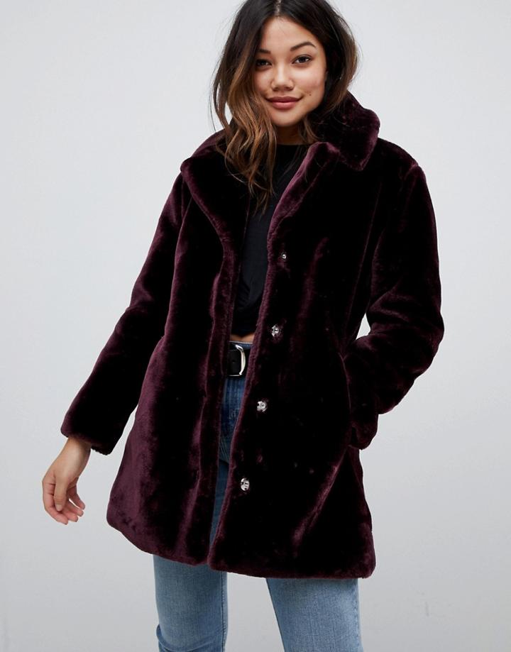 Brave Soul Tasmin Faux Fur Tailored Coat - Red