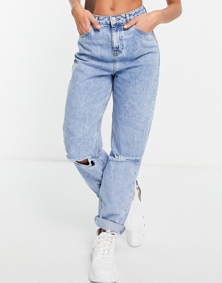 Asos Design Curve High Rise Original Mom Jeans In Light Wash With Rips-blues