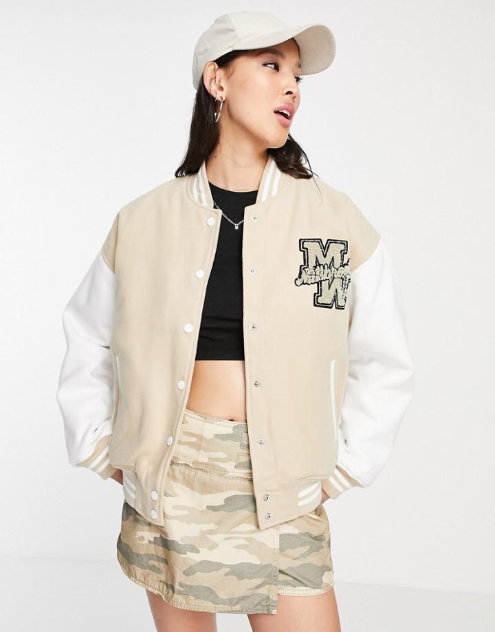 Topshop Varsity Bomber Jacket In Stone-neutral