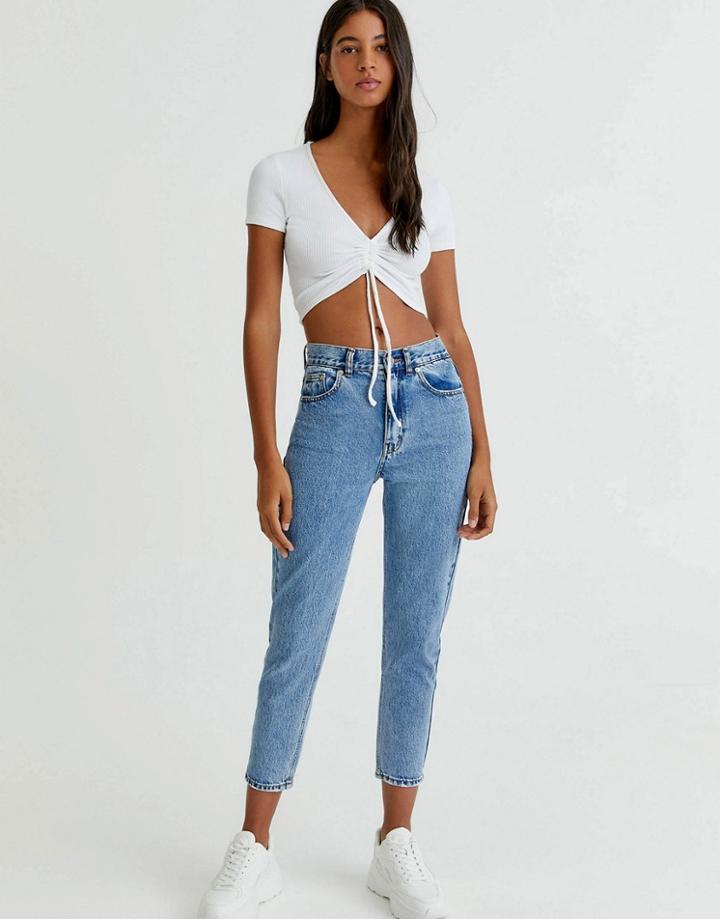 Pull & Bear High Rise Mom Jeans In Light Blue-blues