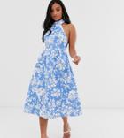 Asos Design Petite Blue Halter Floral Midi Skater Dress