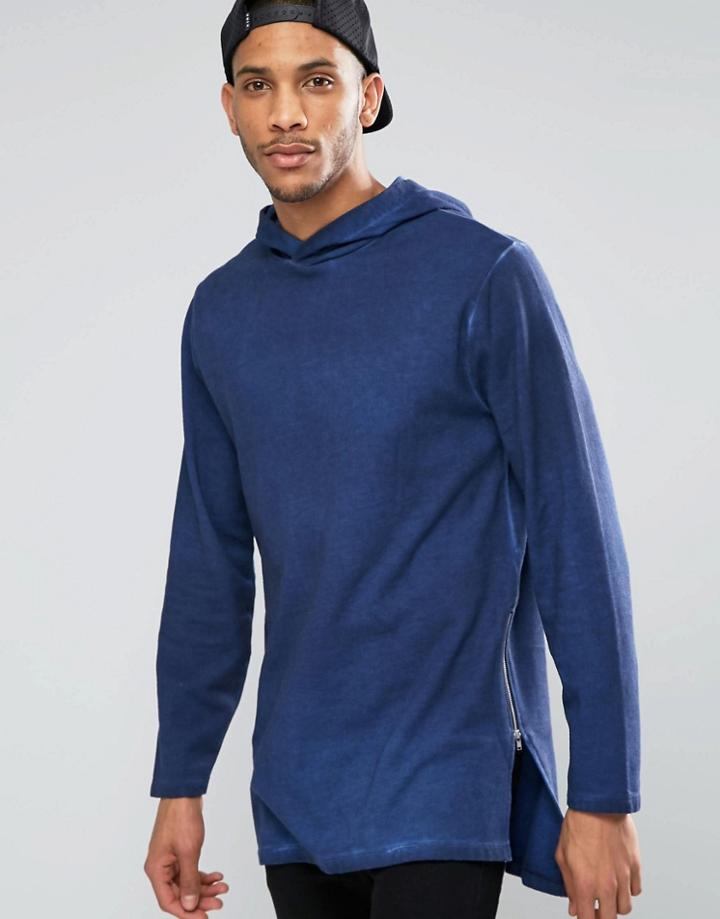 Asos Super Longline Hoodie With Zips In Indigo Wash - Blue