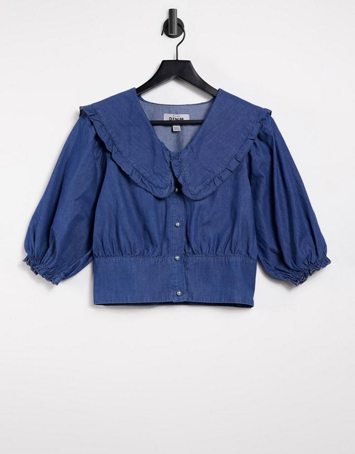 New Look Denim Collar Blouse In Blue-blues