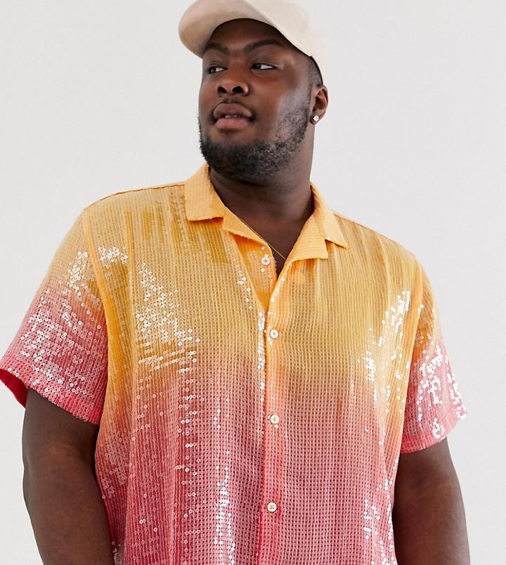 Asos Design Plus Festival Relaxed Ombre Sequin Shirt With Revere Collar-orange
