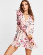 Lashes Of London Plunge Front Twist Lace Back Mini Dress In Blush Floral Print-multi