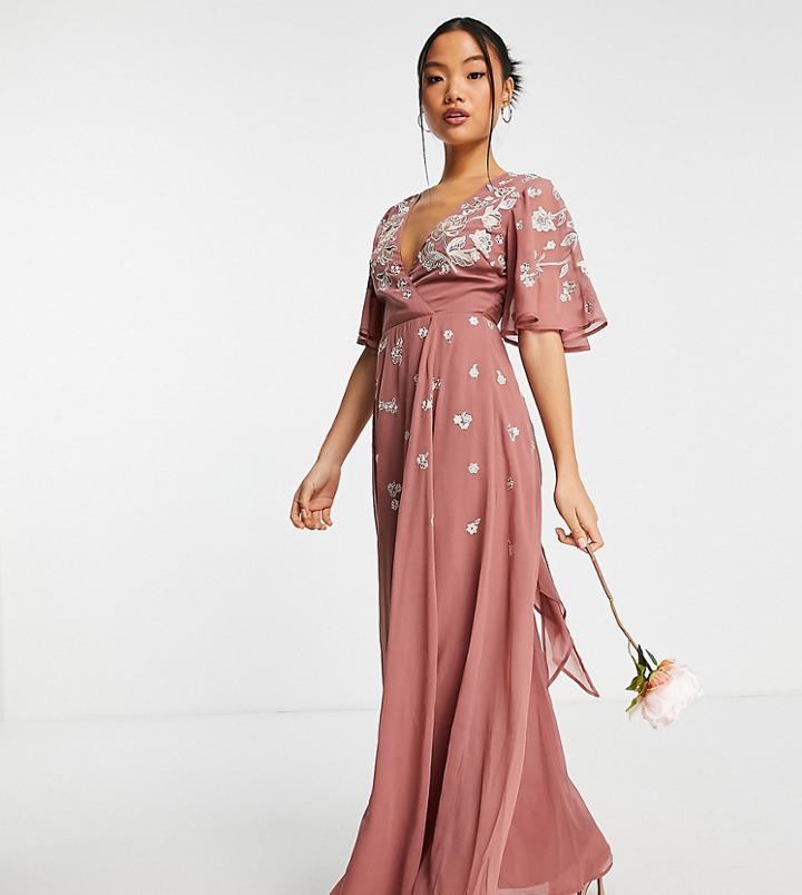 Asos Design Bridesmaid Petite Flutter Sleeve Wrap Waist Maxi Dress With Tonal Floral Embroidery-pink