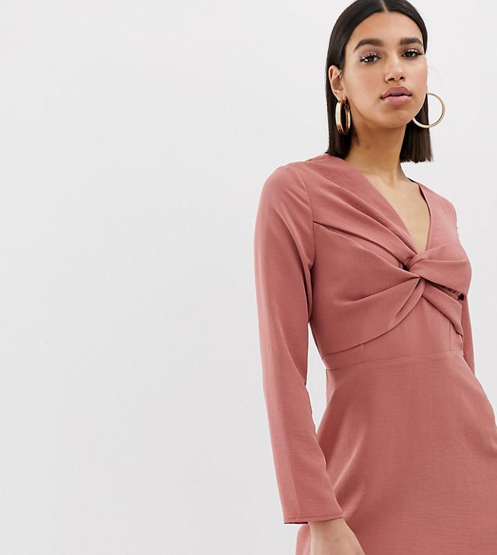 Missguided Long Sleeve Cross Over Front Mini Dress In Pink - Brown