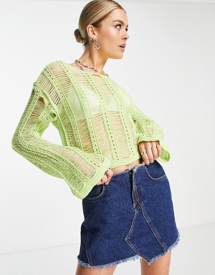 Asos Design Sweater With Ladder Open Stitch In Green