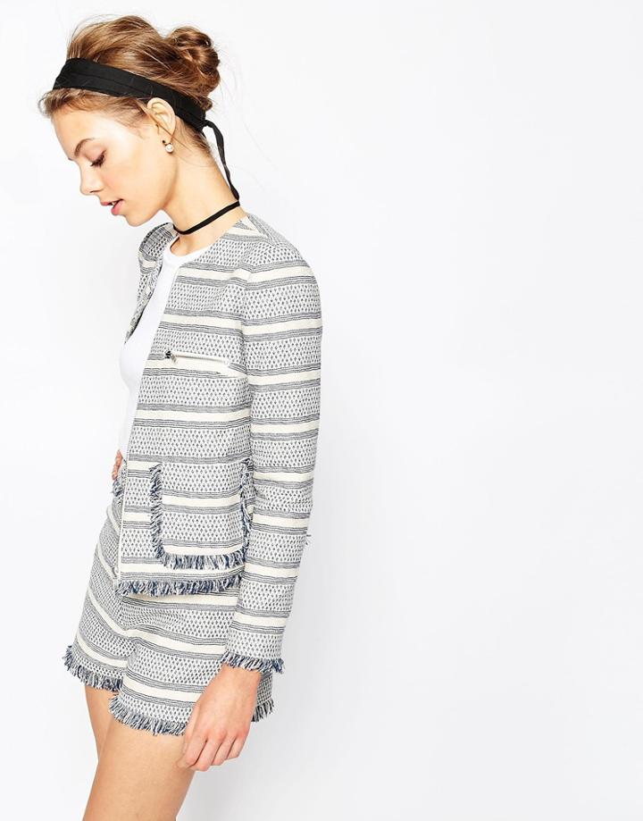 Asos Jacquard Blazer With Zip And Fringe Detail Co-ord - Blue