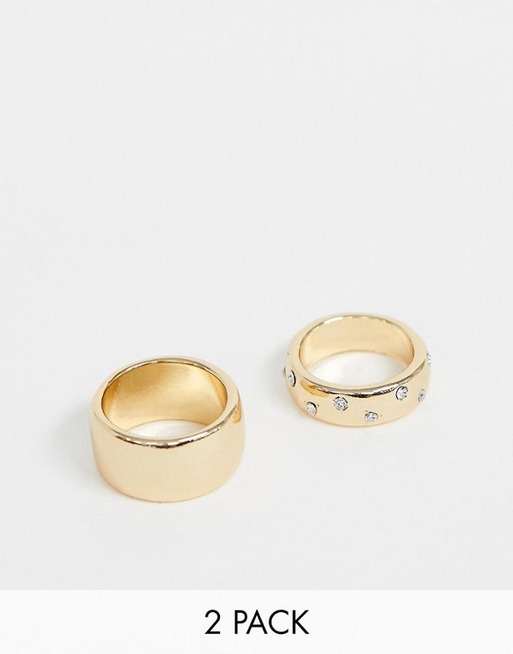 Asos Design Pack Of 2 Rings With Thick Band Design In Plain And Crystal In Gold - Gold