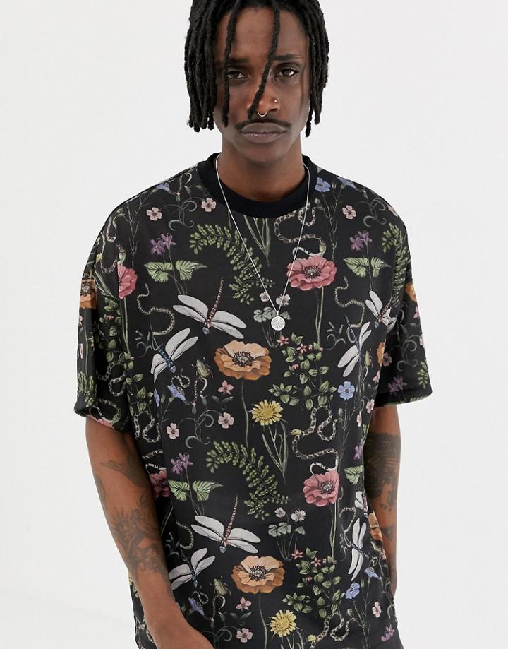 Asos Design Oversized T-shirt With All Over Floral And Dragonfly Print - Black