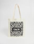 Asos Design Branded Tote Bag In White Noise Print - Cream
