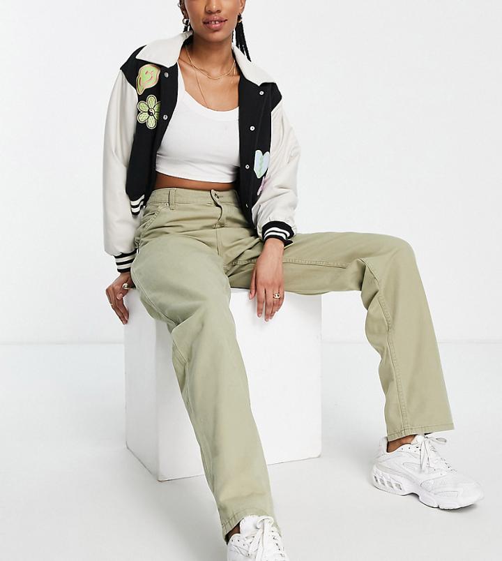 Asos Design Tall Slouchy Straight Leg Pants In Khaki-green