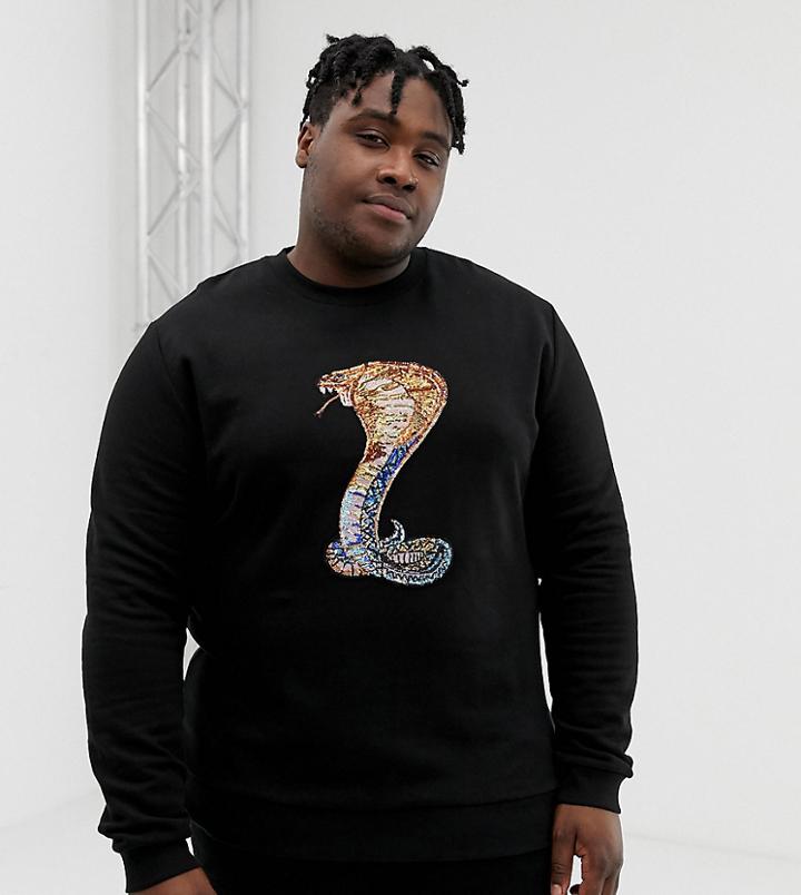 Asos Design Plus Sweatshirt With Sequin Embroidered Snake In Black - Black