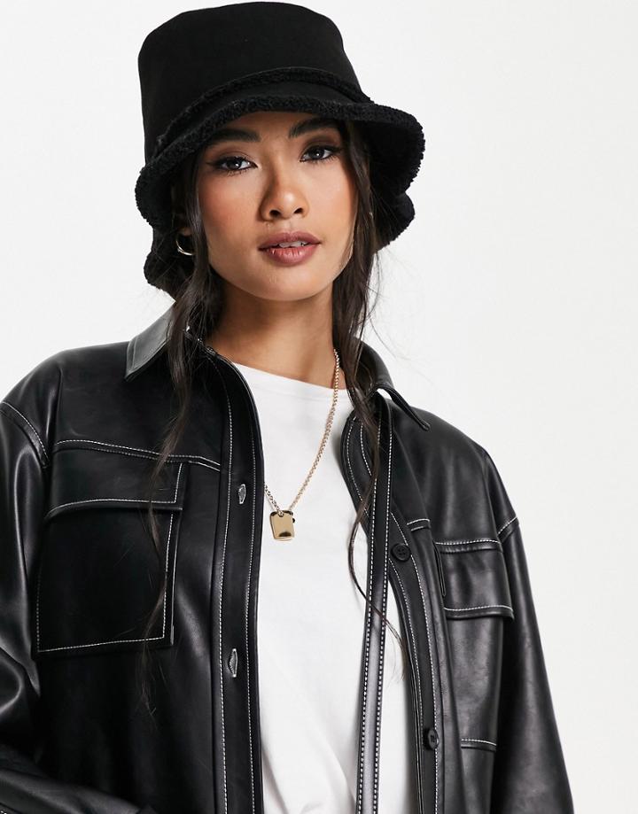 Asos Design Faux Shearling Bucket Hat In Black