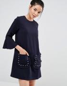 Sister Jane Shift Dress With Ruffle Sleeve And Sparkle Pockets - Navy