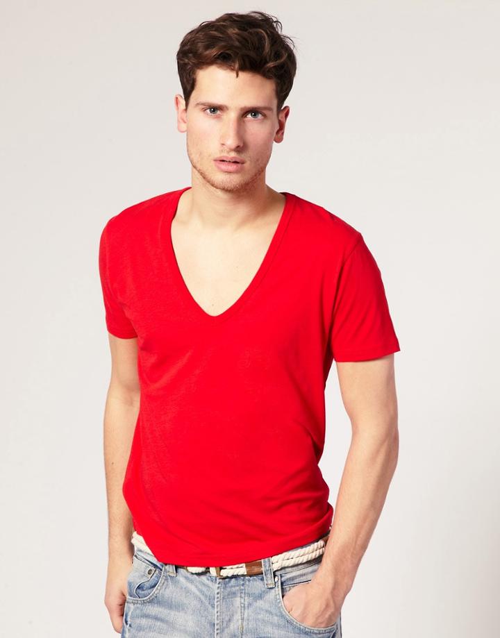 Asos Short Sleeve Deep V Neck T-shirt - Red