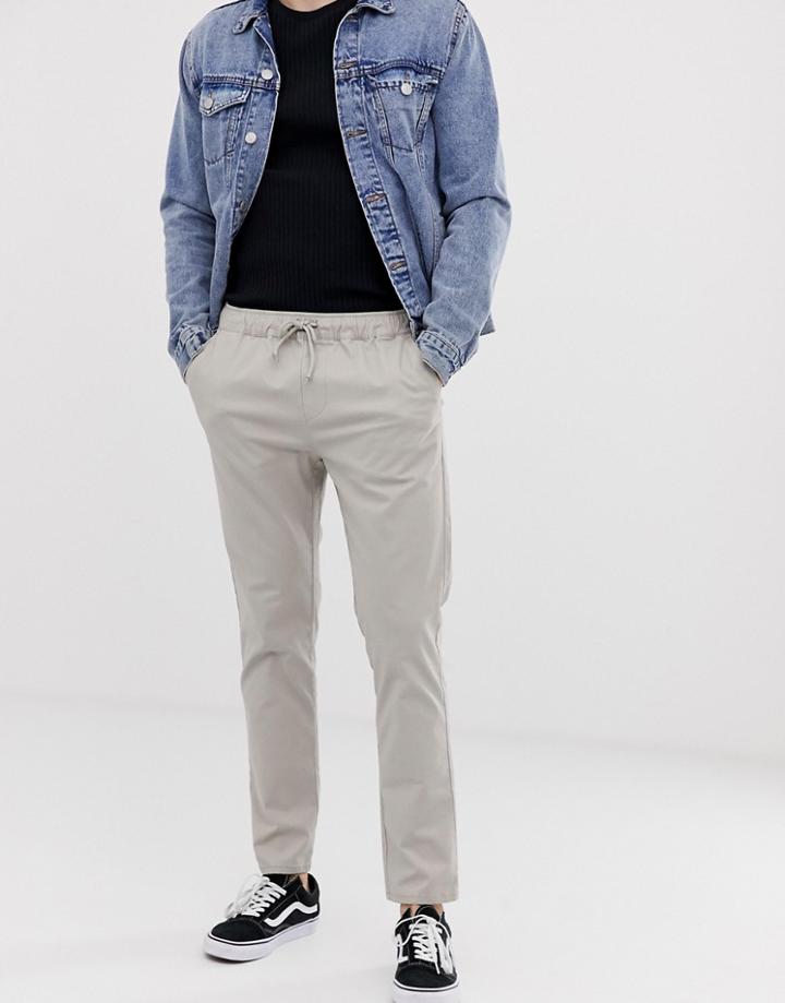 Asos Design Slim Chinos With Elastic Waist In Beige