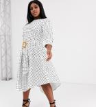 Asos Design Curve Printed Midi Tea Dress With Asymmetric Skirt And Woven Buckle - Green