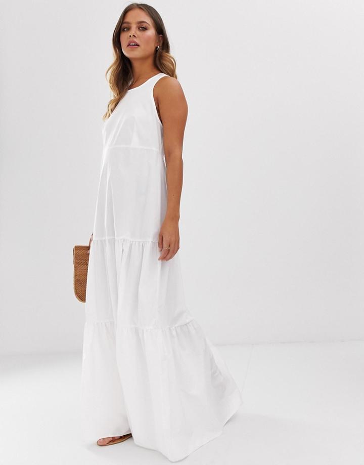 Asos Design Tiered Racer Back Smock Maxi Dress - White