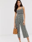 Stradivarius Shirred Jumpsuit In Daisy Flower Print - Multi