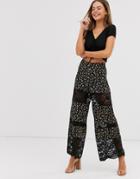 Asos Design Wide Leg Pants With Lace Inserts In Ditsy Print - Multi