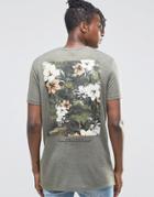 Asos Longline T-shirt In Linen Look With Floral Back Print - Khaki