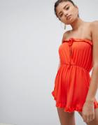 Prettylittlething Tie Front Bandeau Romper - Red