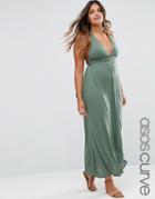 Asos Curve Jersey Ruched Halter Maxi Beach Dress - Green