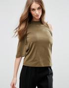 Asos Top With Cold Shoulder Frill Sleeve In Slinky - Green