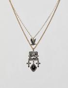 Asos Design Multirow Necklace With Vintage Style Filigree Icon Square Pendant And Mixed Charms In Gold - Gold