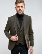 Asos Slim Suit Jacket In Harris Tweed Herringbone In 100% Wool - Green
