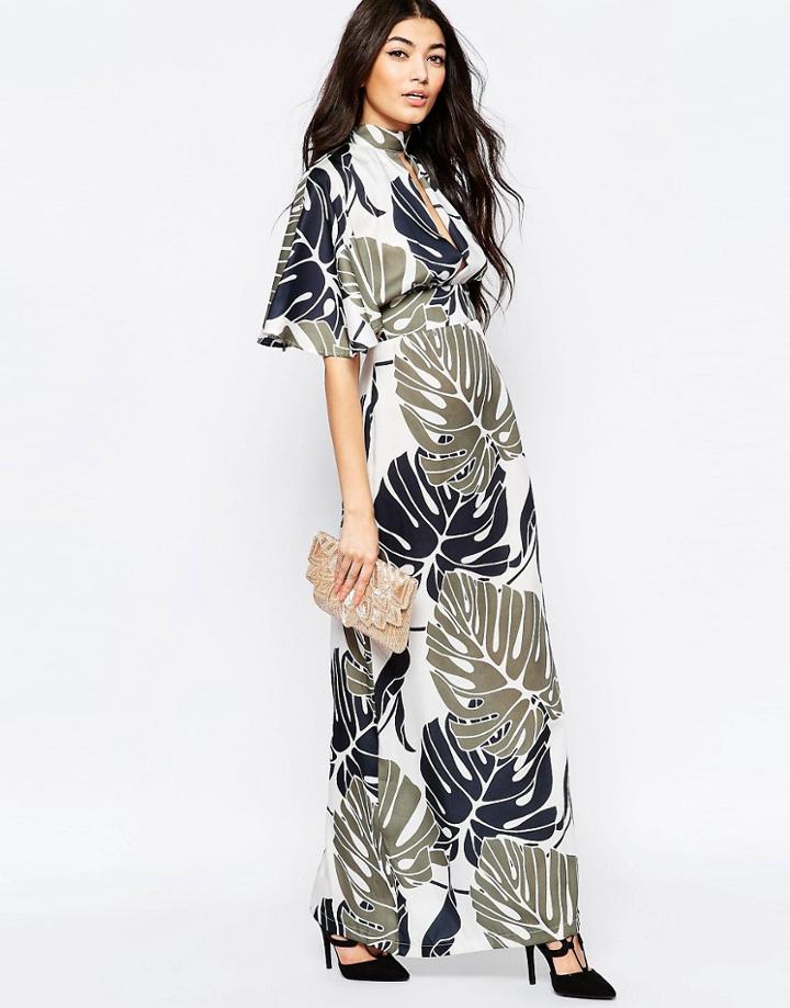 Liquorish Kimono Sleeve Maxi Dress In Oversize Leaf Print