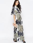 Liquorish Kimono Sleeve Maxi Dress In Oversize Leaf Print
