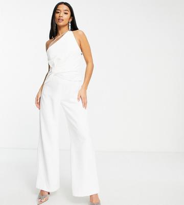 Ever New Petite One Shoulder Twist Jumpsuit In Cream-white