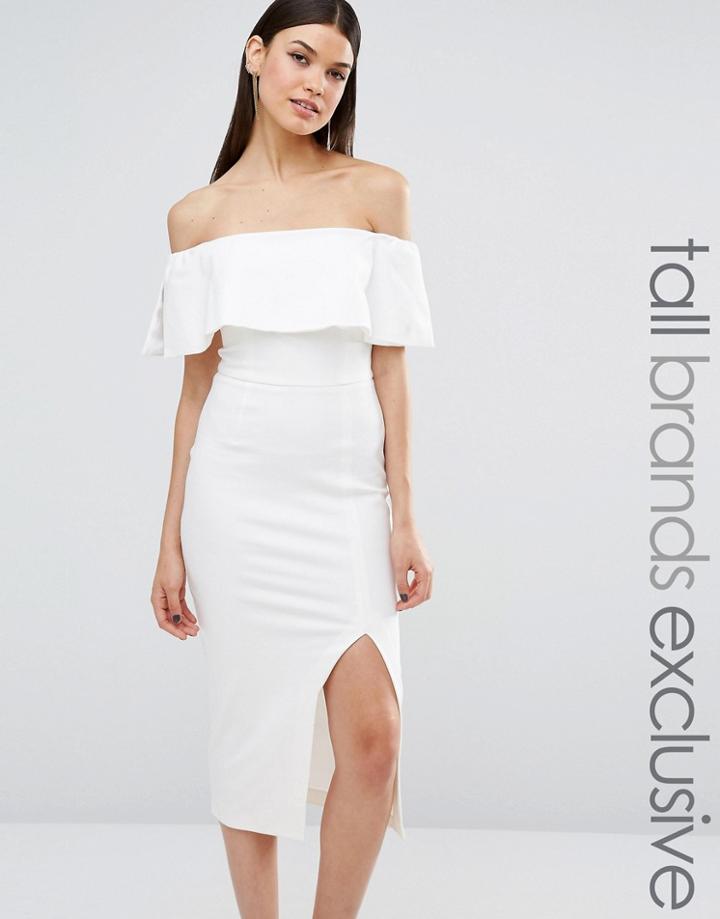 Ttya Black Kalorise Large Frill Detail Bardot Midi Pencil Dress - White