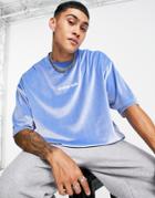 Asos Design Oversized T-shirt In Blue Velour With Chest Embroidery-blues
