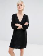See U Soon Shift Dress With Deep V And Embroidered Panel - Black