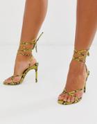 Asos Design Navigate Barely There Heeled Sandal In Neon Yellow Snake - Yellow