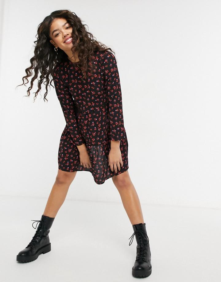 Asos Design Long Sleeve Tiered Smock Mini Dress In Black Based Floral-multi