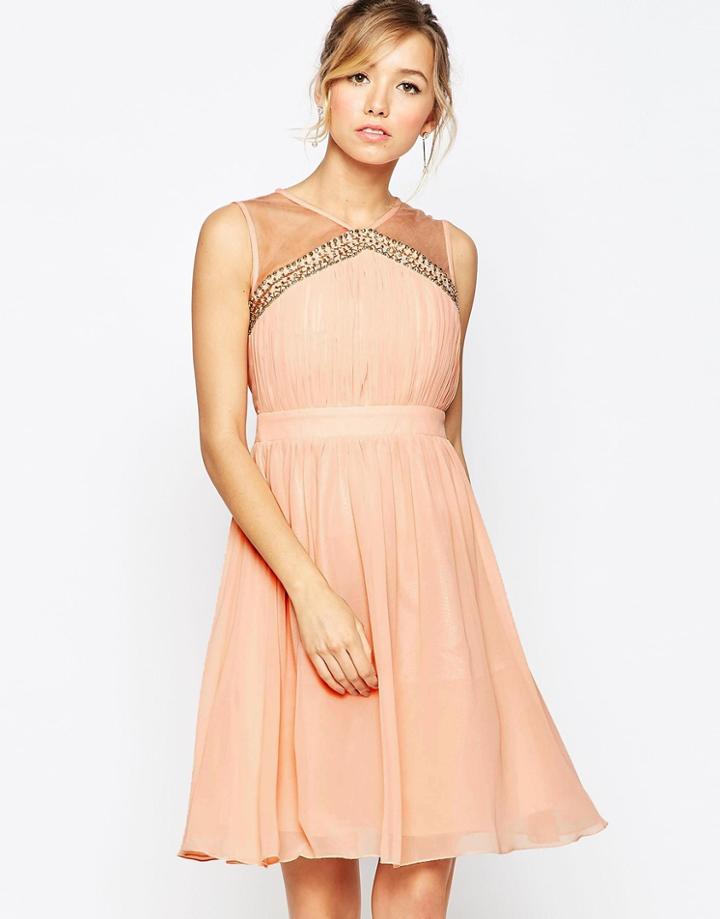Little Mistress Skater Dress With Cinched Waist And Sheer Neckline - Peach