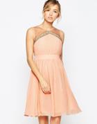 Little Mistress Skater Dress With Cinched Waist And Sheer Neckline - Peach