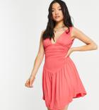 Asos Design Petite Plunge Ruched Waist Curved Hem Skater Mini Dress In Coral-pink